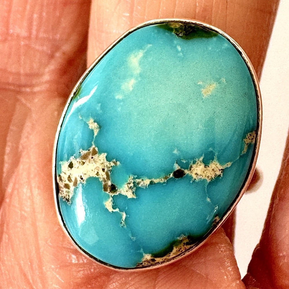 Navajo Turquoise Ring Sz 7 Sonoran Gold Signed Alan Lee .75" Sterling Native USA
